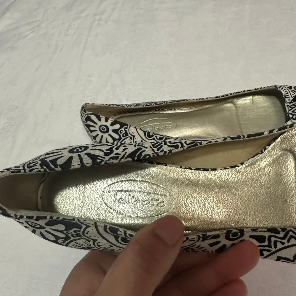 Talbots‎ Black White Floral Print Ballet Flats Leather Sole Size 7.5B Balletcore
